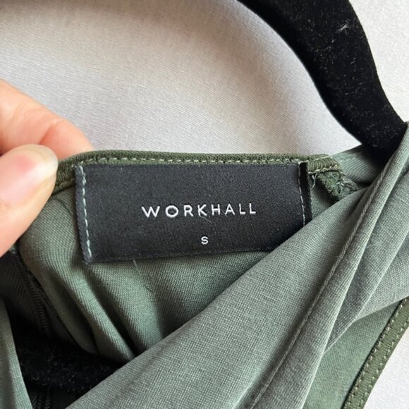 Workhall Sage Green Draped crisscross halter Ruched Asymmetrical Dress Sz S - Picture 6 of 11